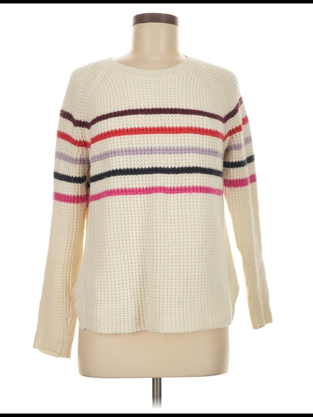 Marine Layer Cream Waffle Knit Crewneck with Multicolor Stripes
